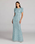 Powder Blue Gathered Short Sleeve Embellished Gown