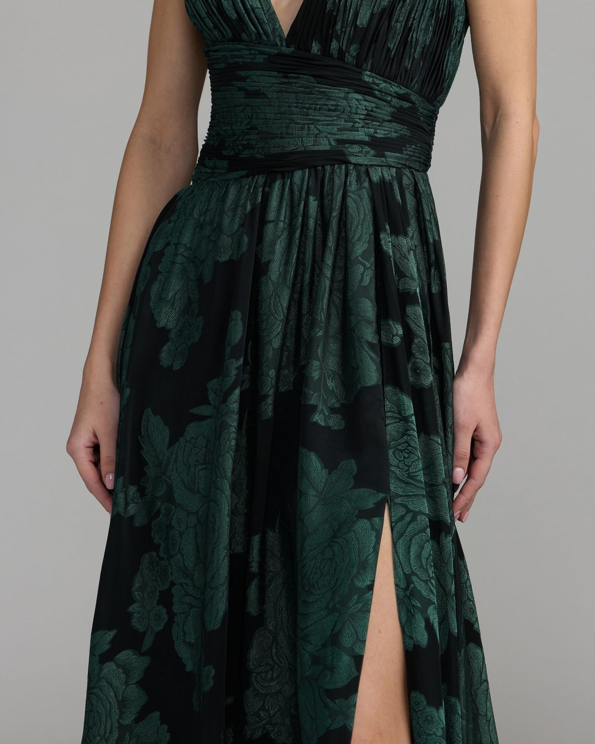 Emerald Multi Floral Sleeveless Plunge Neck Gown