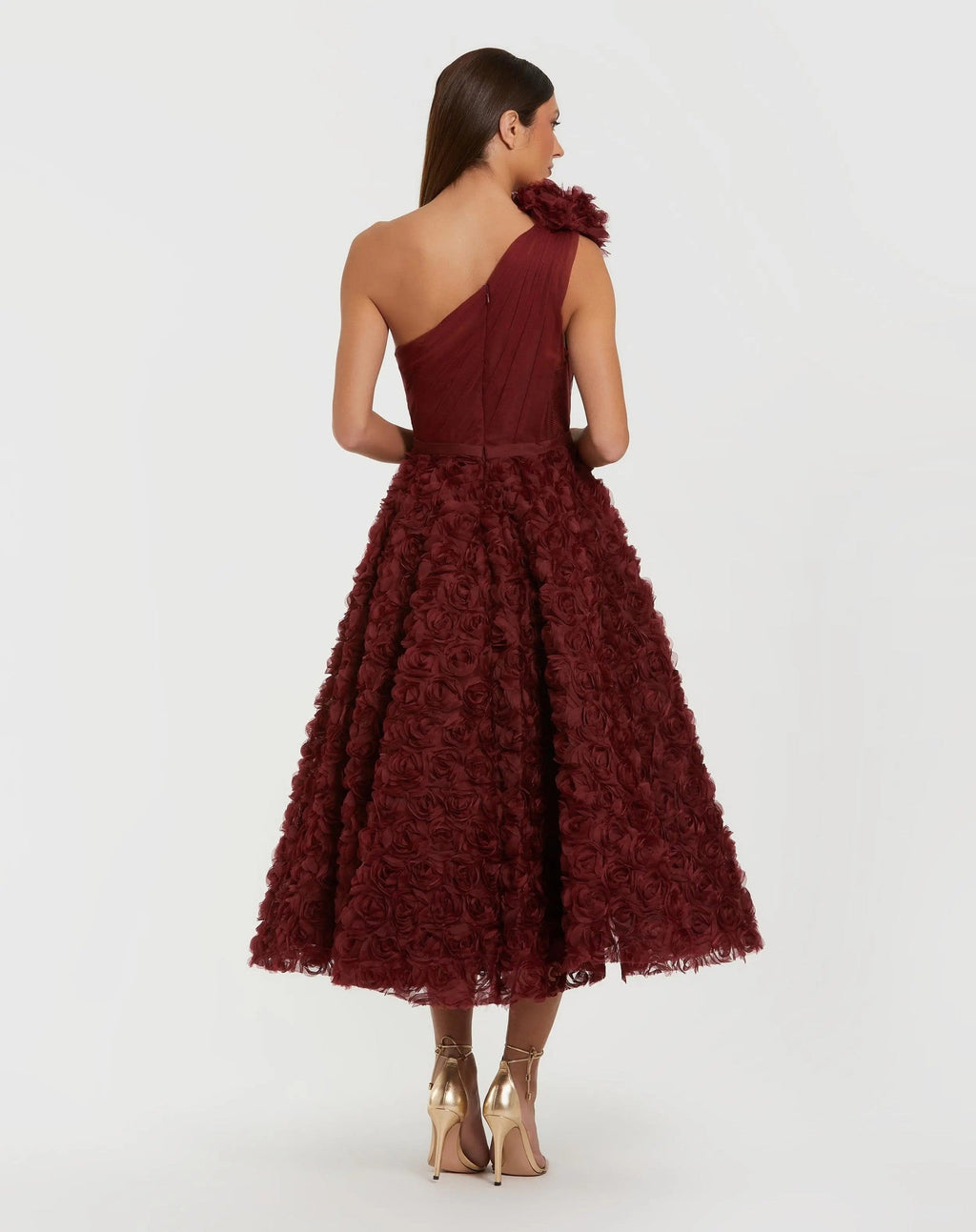 Wine One Shoulder 3D Floral Rosette Midi Dress