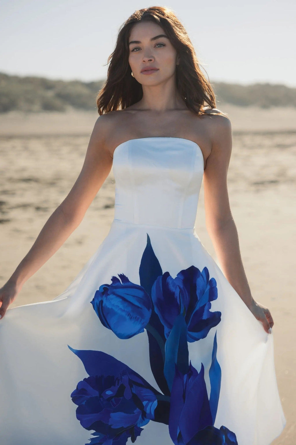 White Strapless Satin Midi Dress With Flower Print