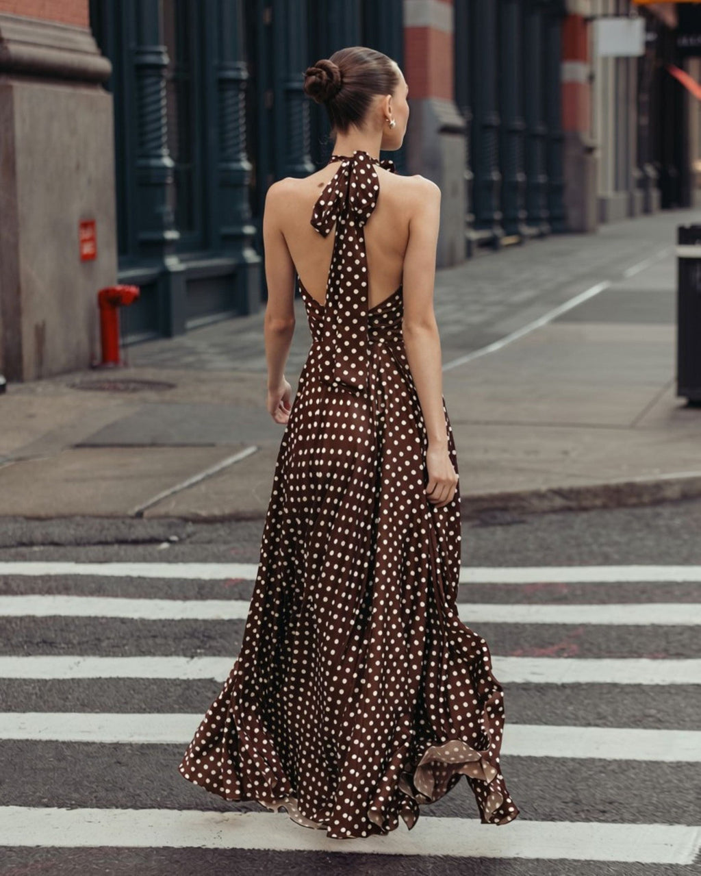 Chocolate Multi Polka Dot A-Line Halter Gown With Rosette
