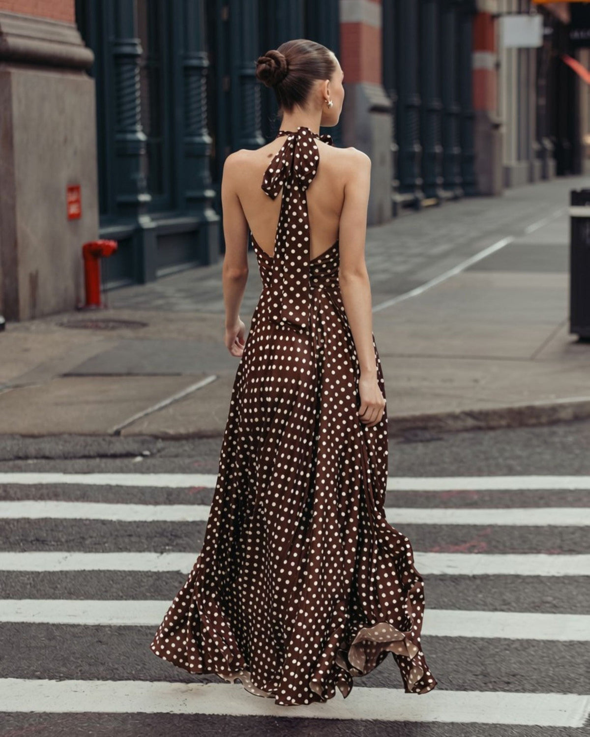 Chocolate Multi Polka Dot A-Line Halter Gown With Rosette