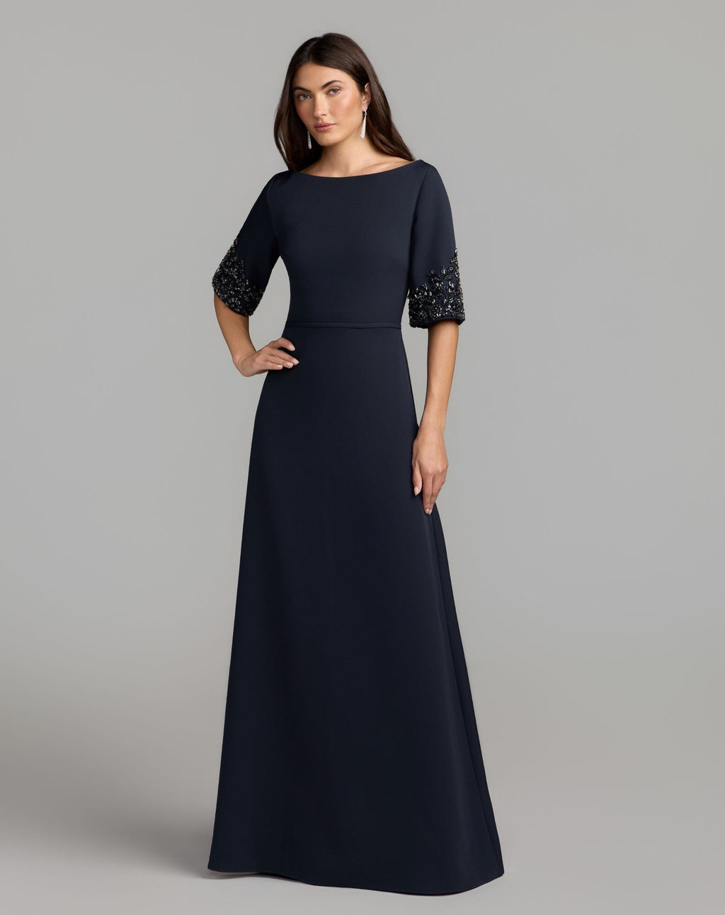Midnight A-Line Crepe Gown With Beaded Sleeves