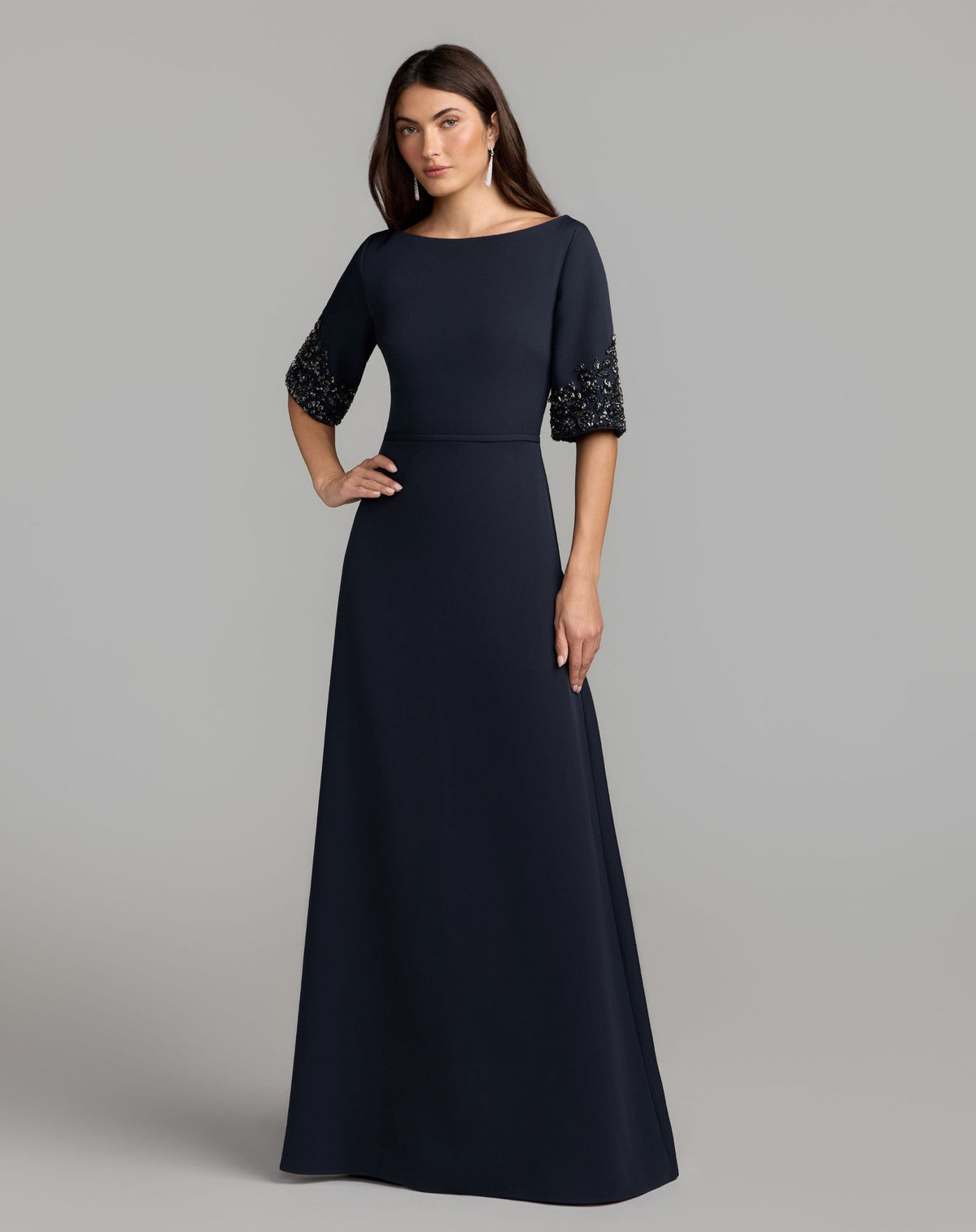 Midnight A-Line Crepe Gown With Beaded Sleeves