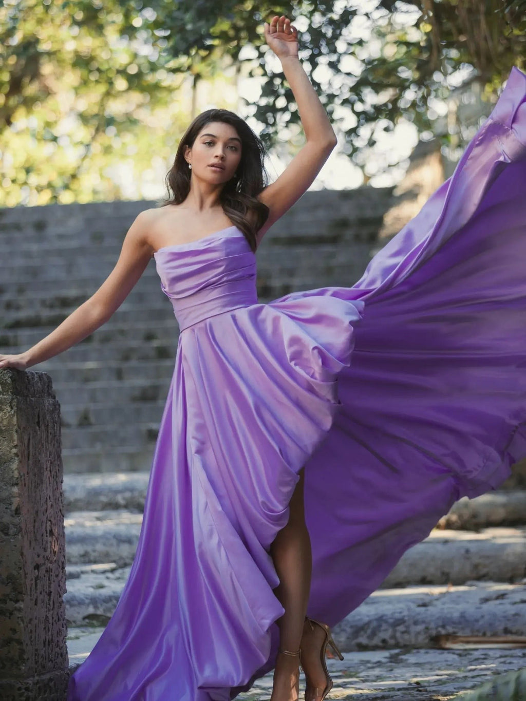 Purple Strapless Ruched High Low Gown