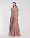 Dusty Rose Pleated Metallic Flutter Sleeve A Line Gown