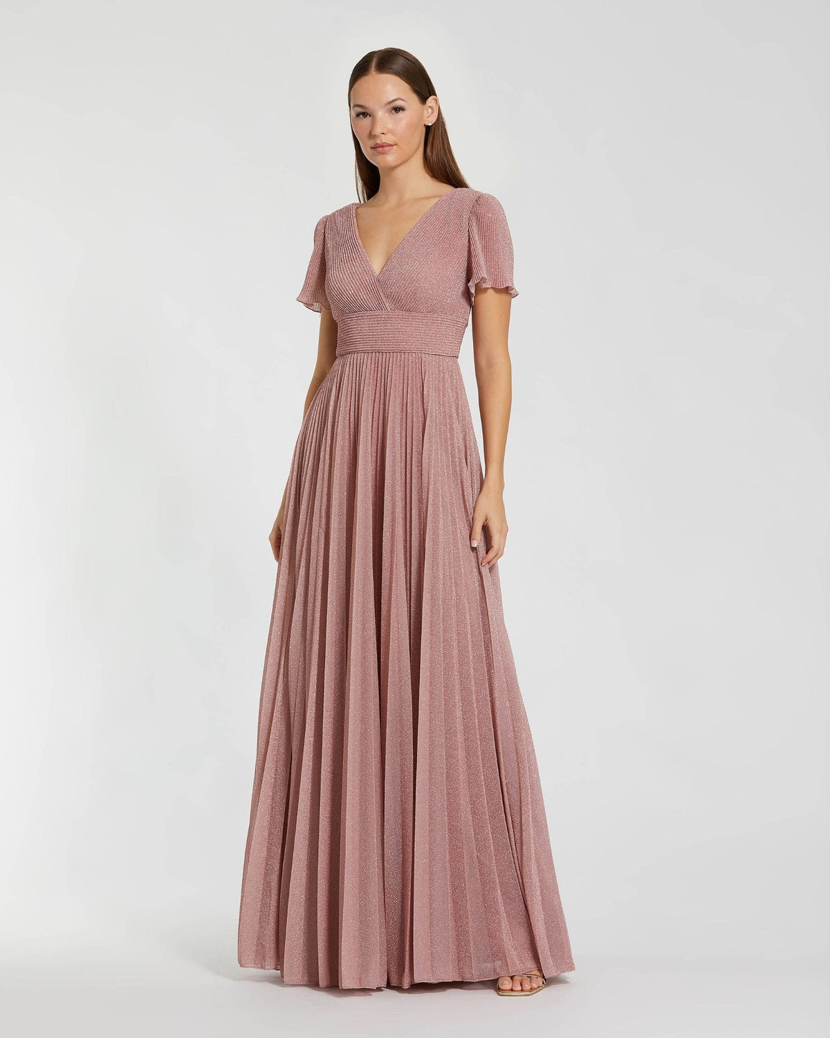 Dusty Rose Pleated Metallic Flutter Sleeve A Line Gown