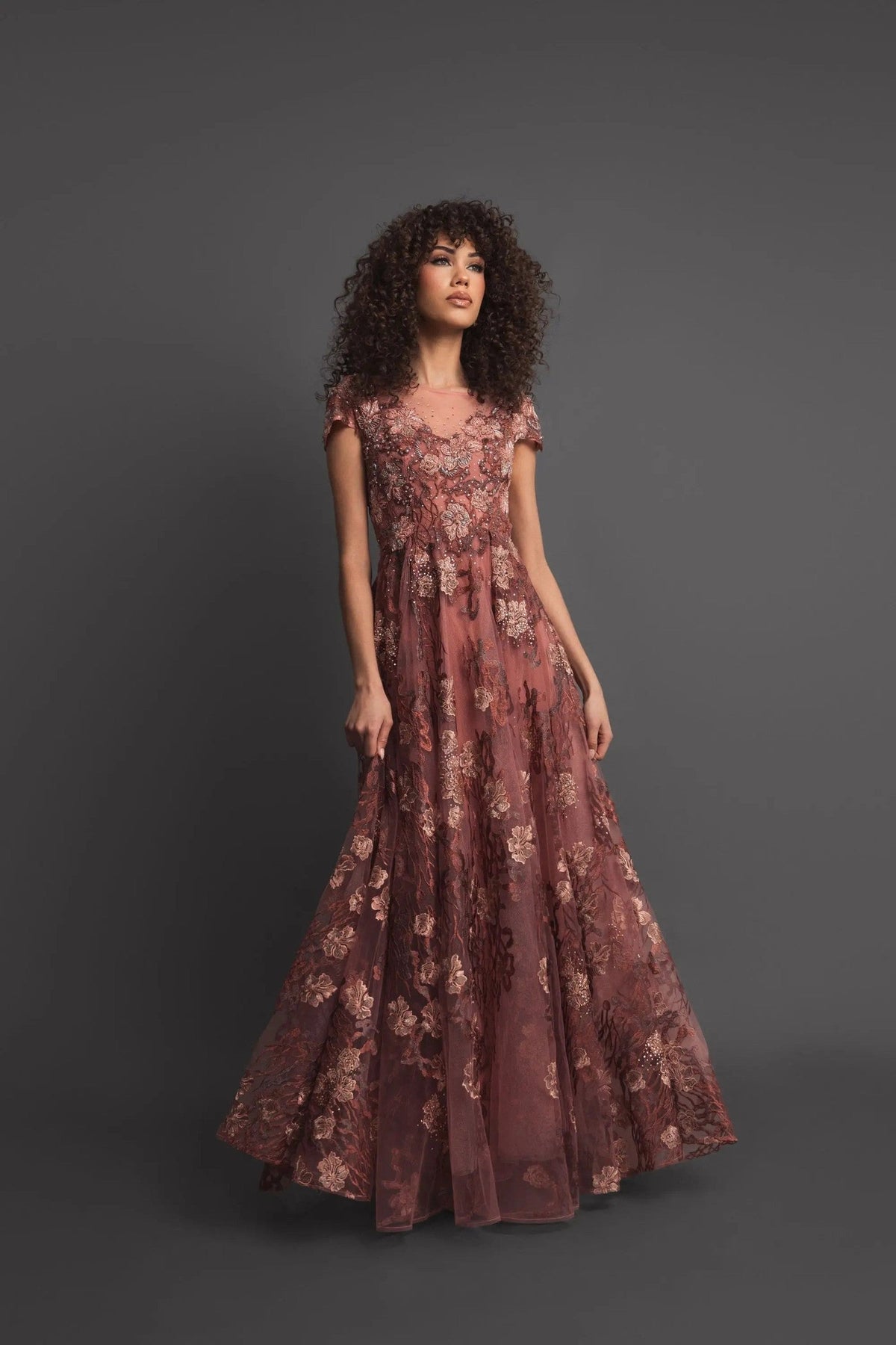 Cinnamon Floral Embroidered Cap Sleeve Evening Gown