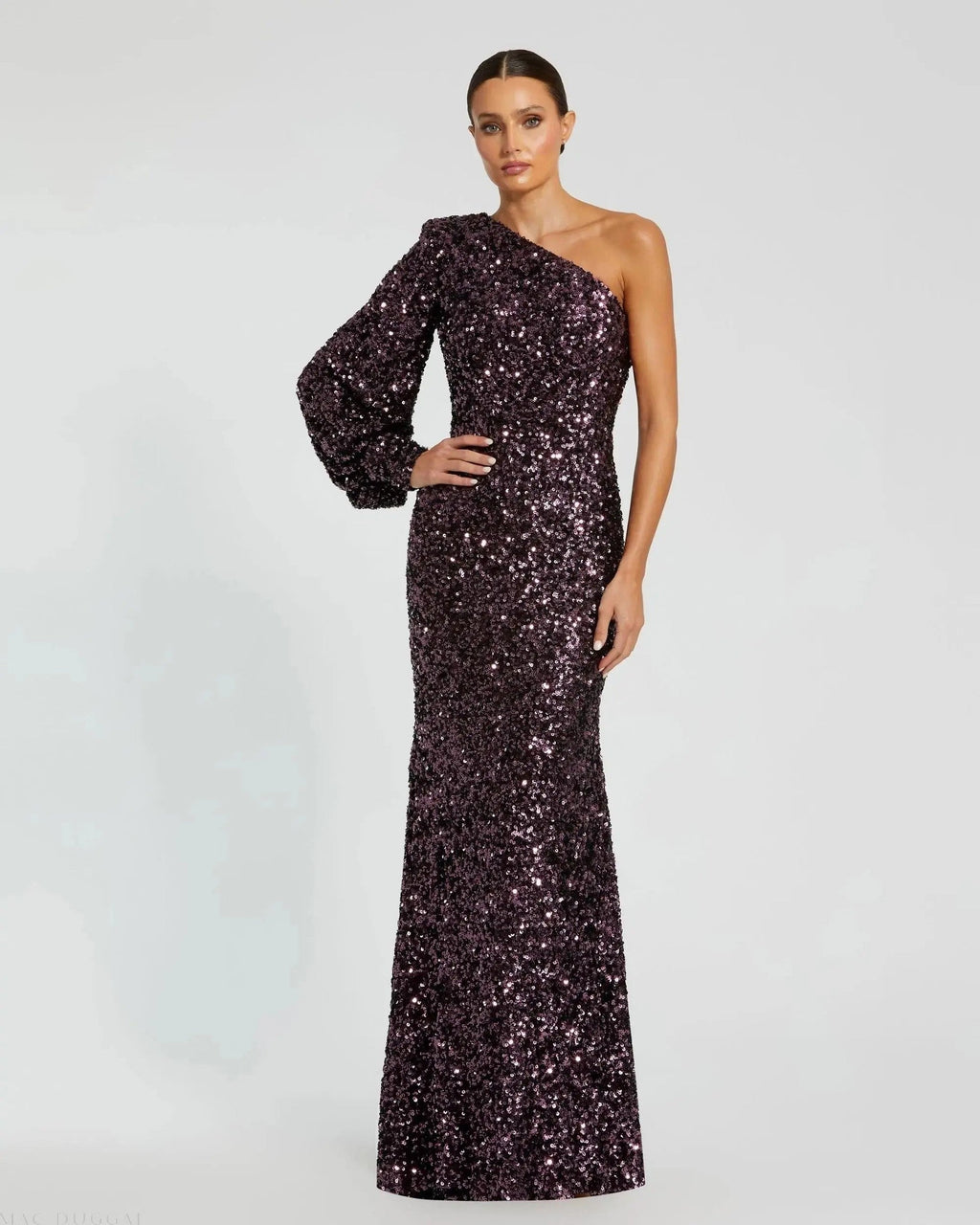 Aubergine Sequined One Shoulder Bishop Sleeve Trumpet Gown