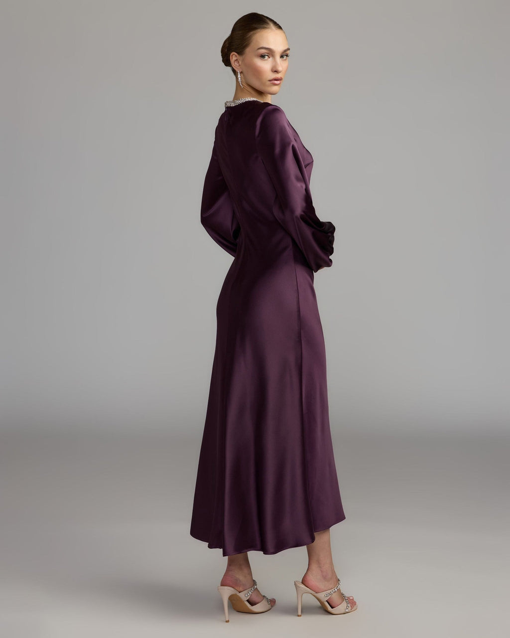 Eggplant Rhinestone Neckline Satin Midi Dress