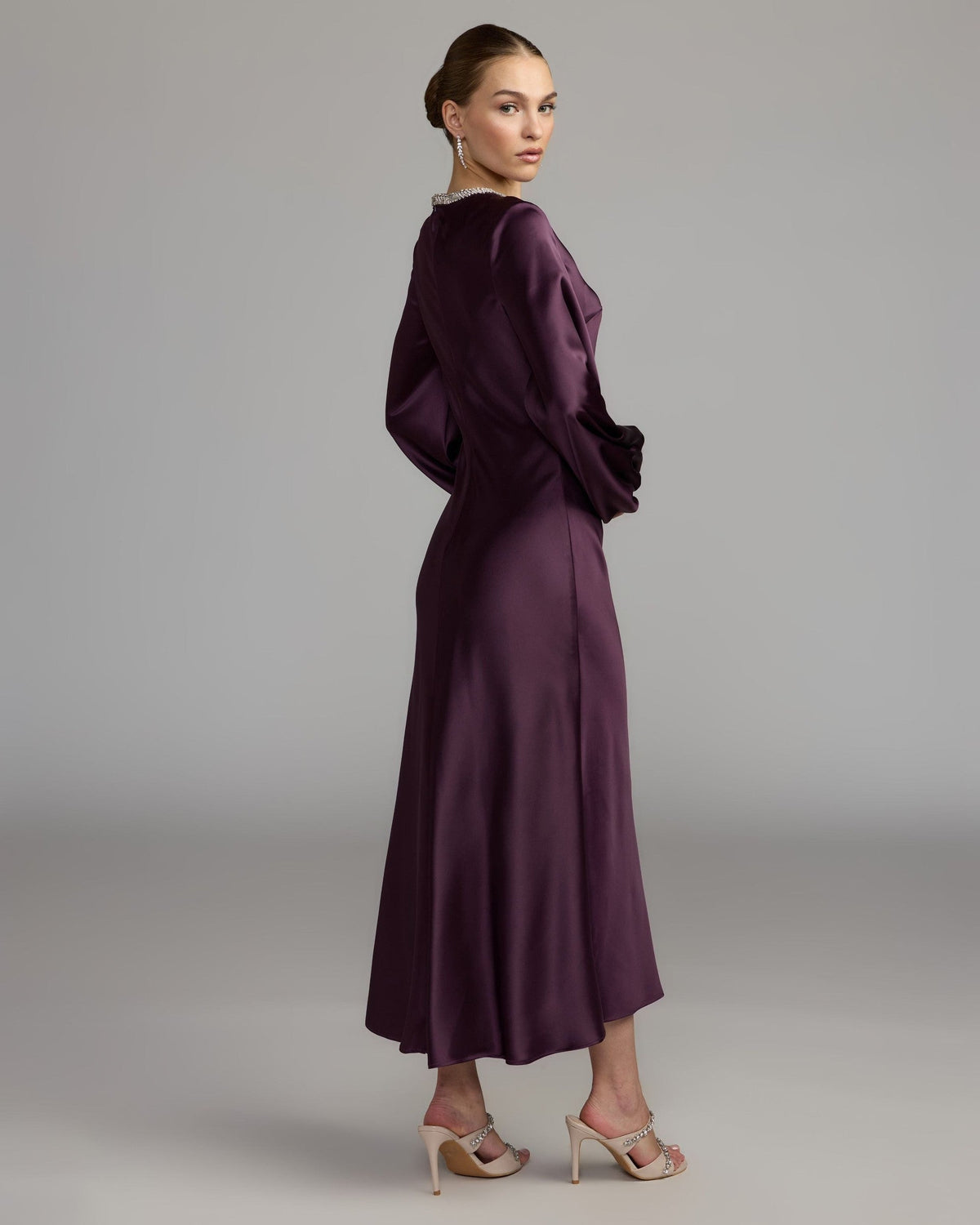 Eggplant Rhinestone Neckline Satin Midi Dress