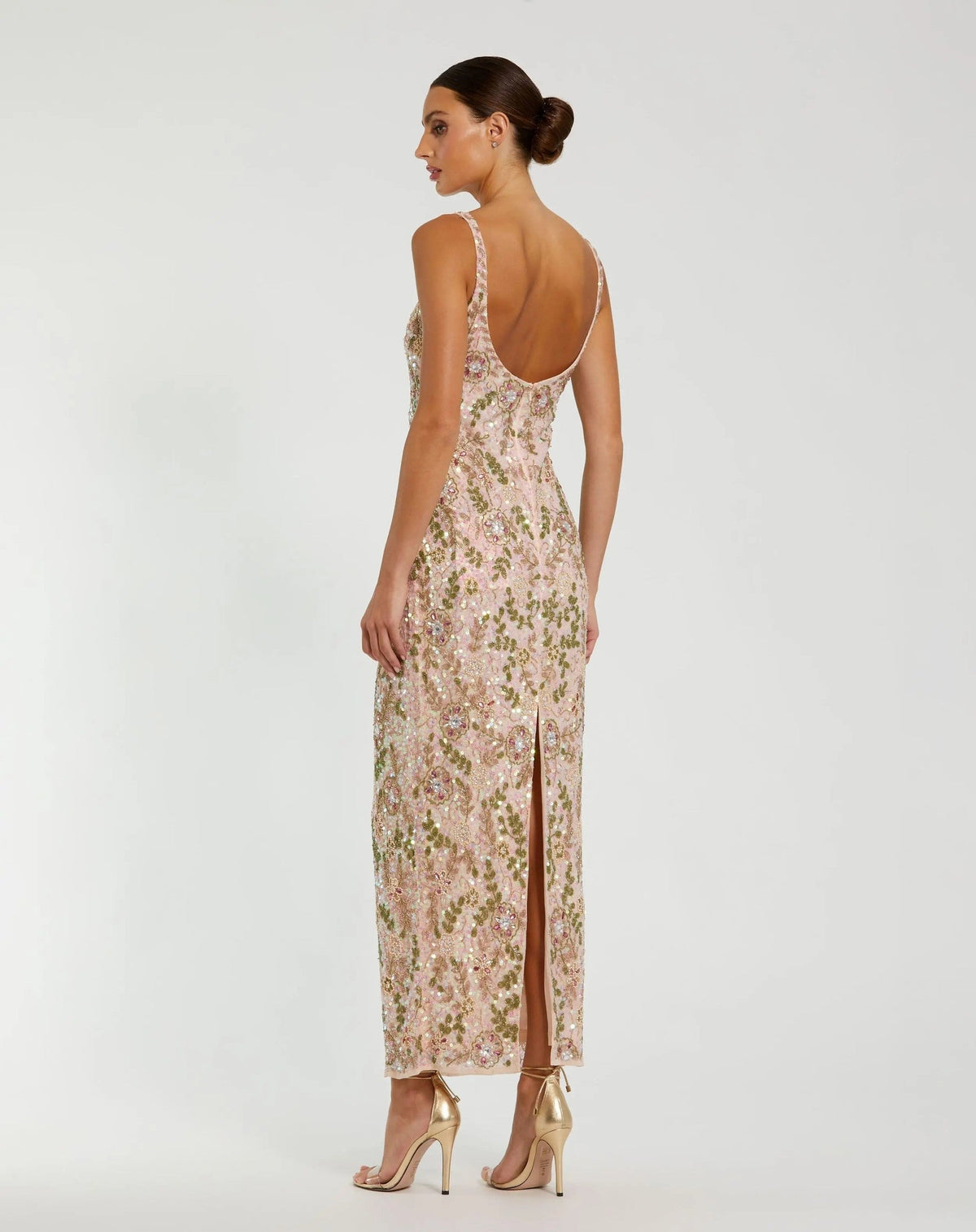 Nude Multi Sleeveless Hand Embellished Floral Maxi Dress