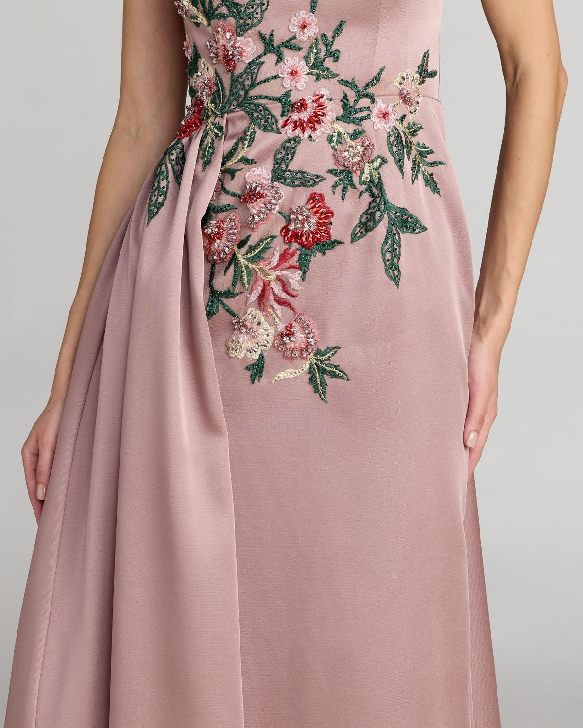 Mocha Floral Embroidered Satin Strapless Gown