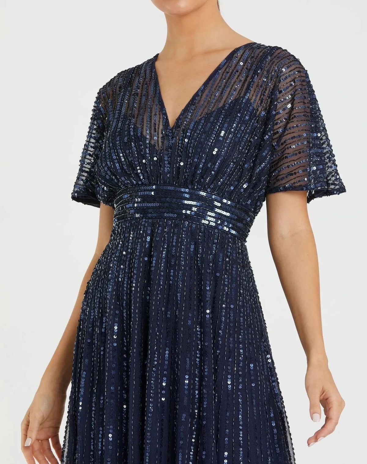 Navy Embellished Short Sleeve Empire Waist Dress