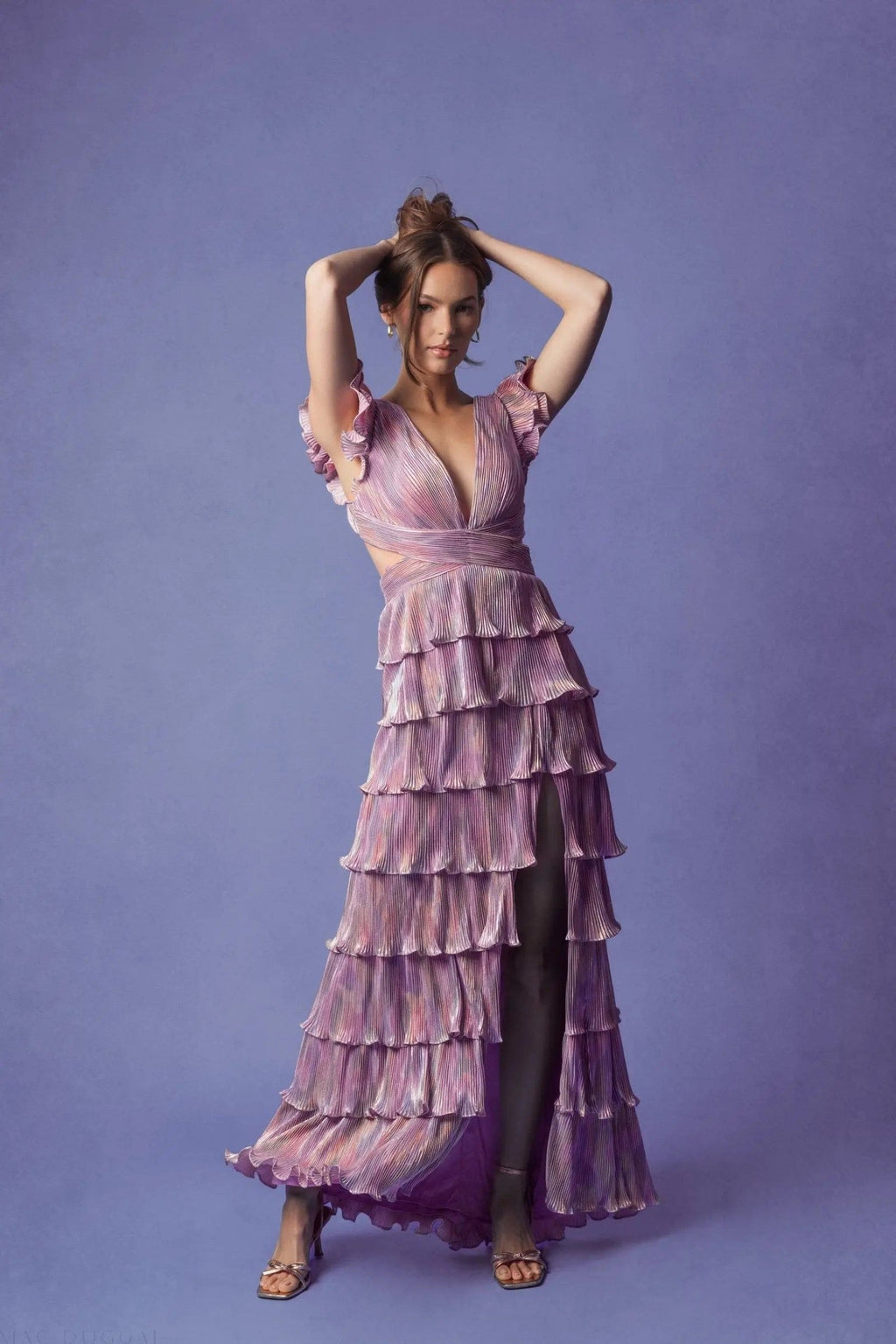 Purple Multi Ruffle Tiered Criss Cross Lace Up Gown