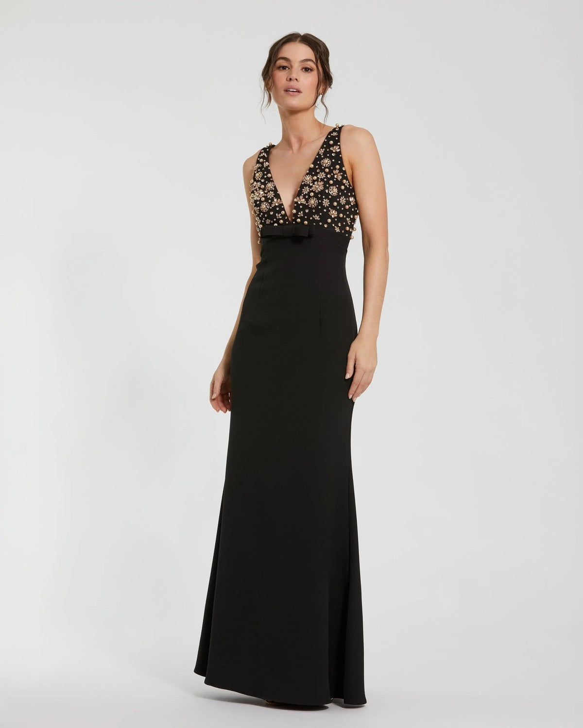Sleeveless Embellished Crepe Gown With Bow