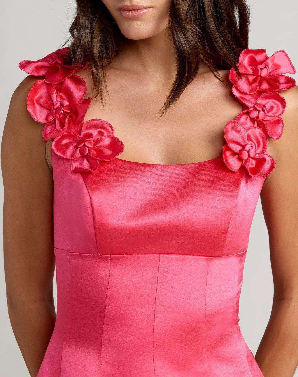 Pink Sleeveless Satin Ball Gown With 3D Flower Straps