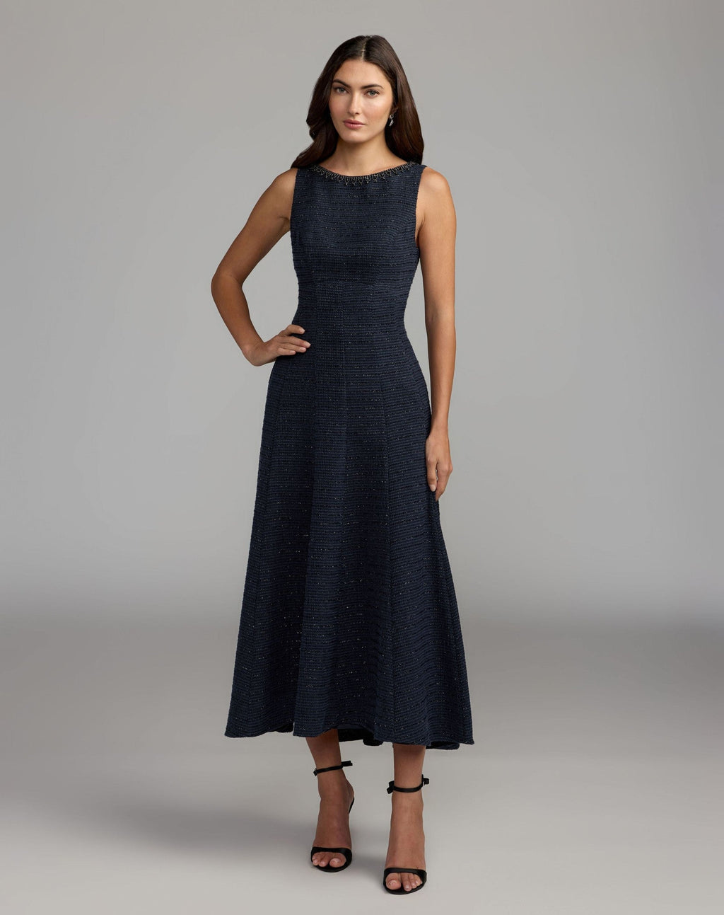 Navy Sleeveless A-Line Boucle Midi Dress