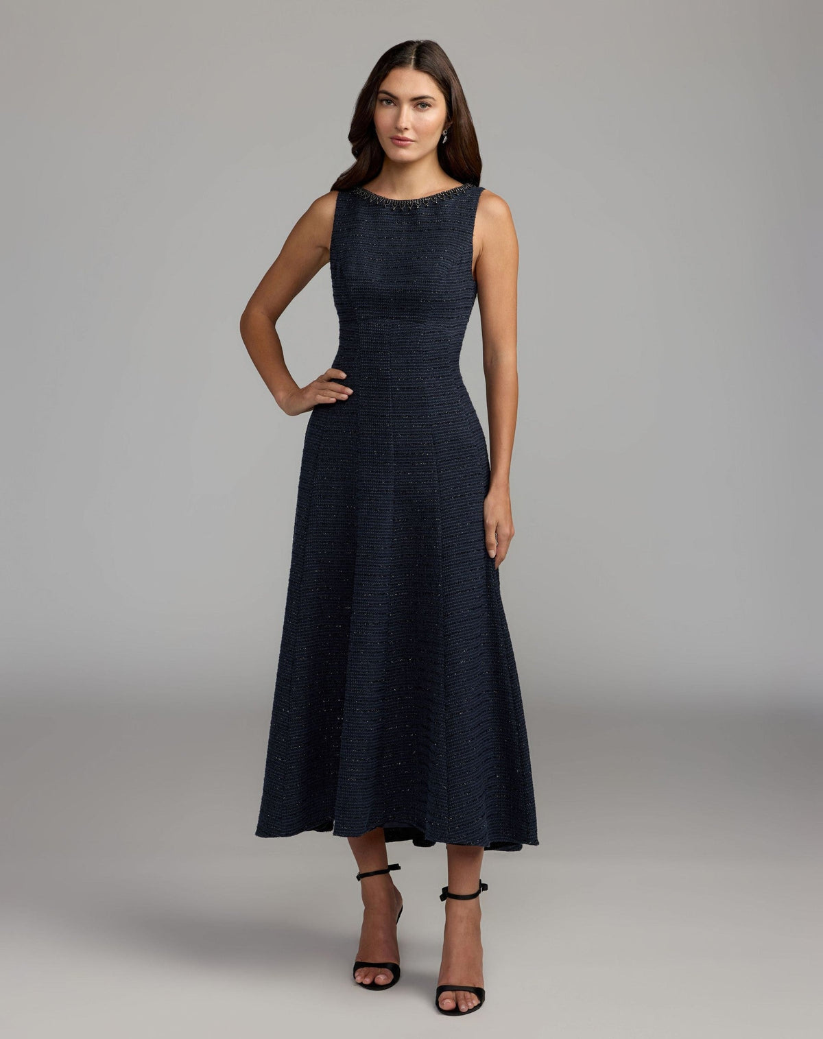 Navy Sleeveless A-Line Boucle Midi Dress