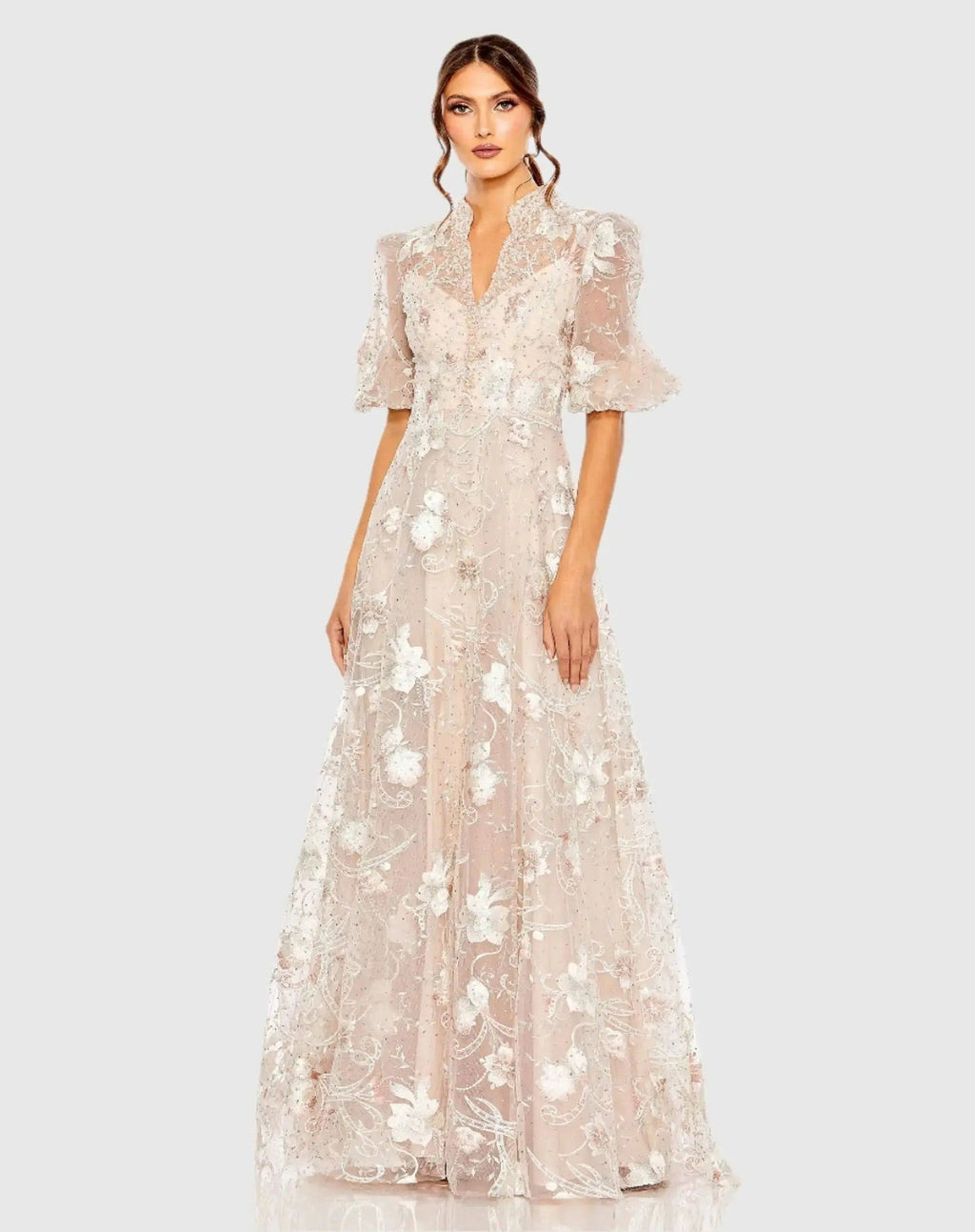 Petite Blush Queen Anne Puff Sleeve A-Line Gown