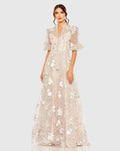Petite Blush Queen Anne Puff Sleeve A-Line Gown