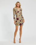 Nude Multi Floral Beaded Long Sleeve Mini Dress