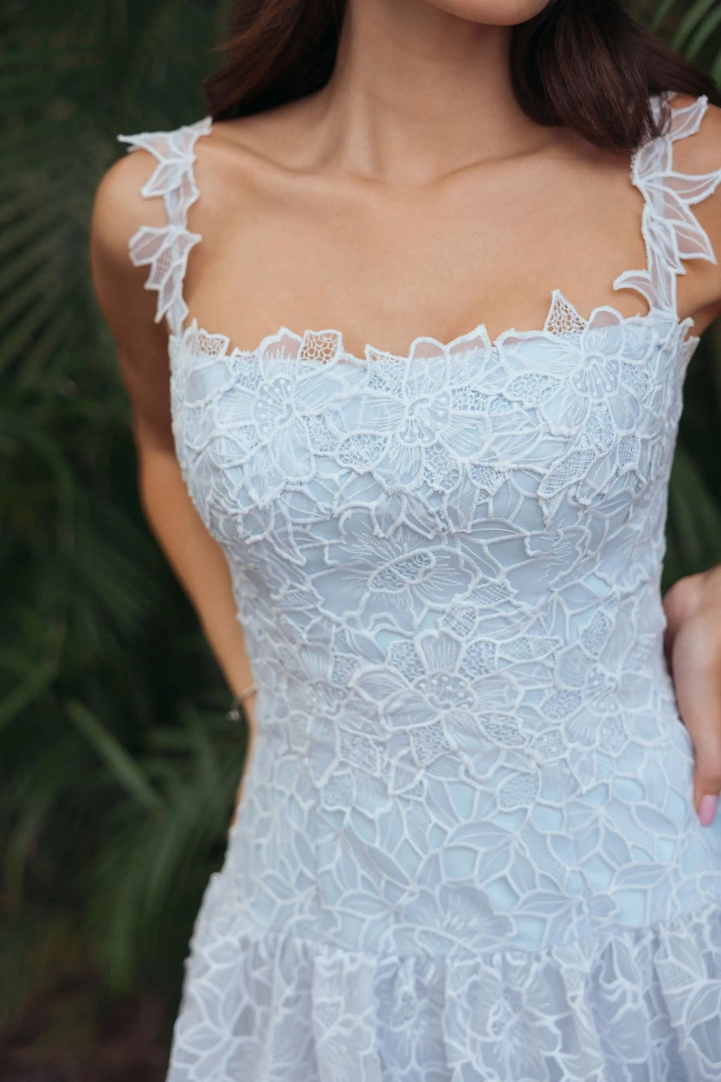 Powder Blue Sleeveless Embroidered Lace Tiered Midi Dress
