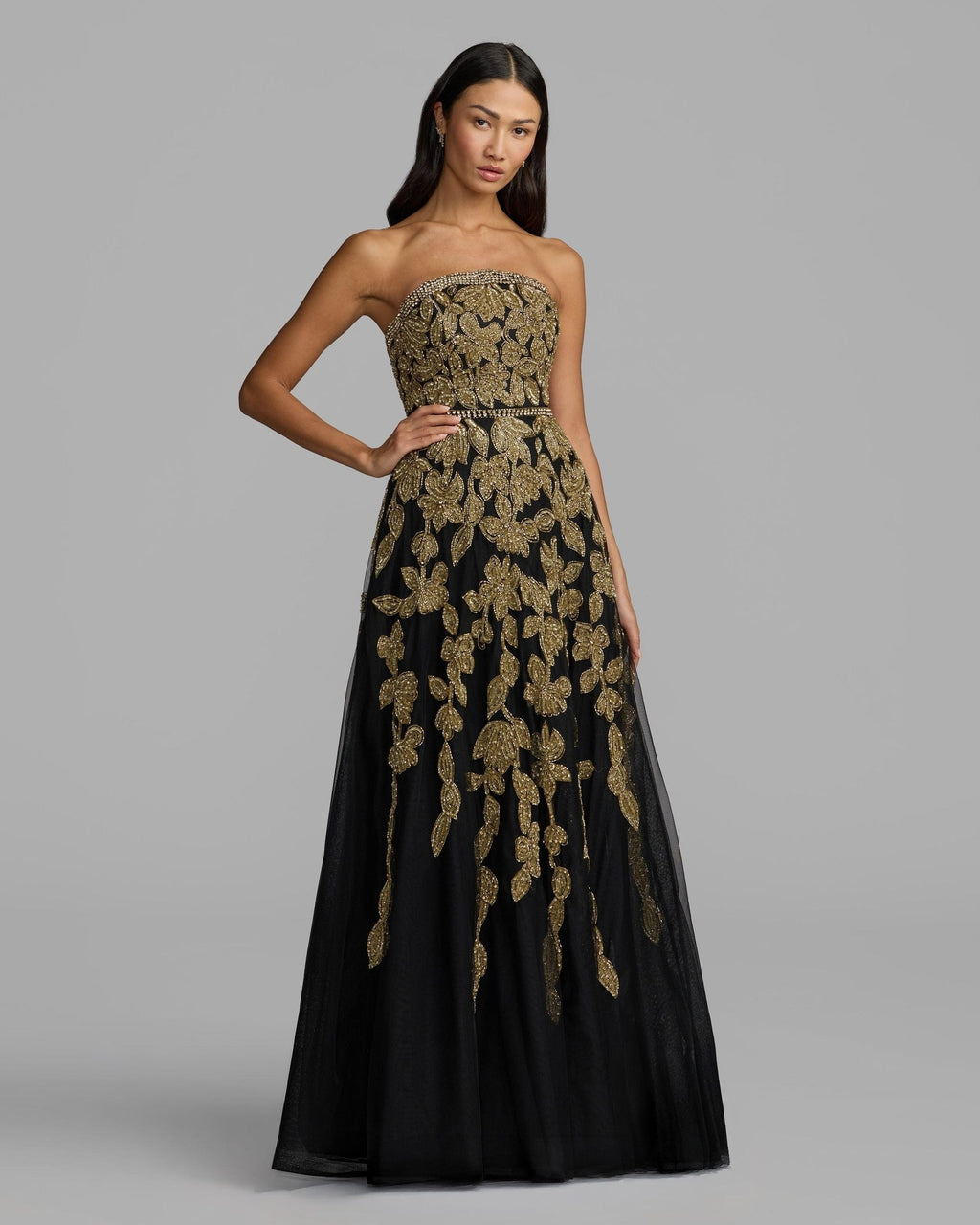 Black Gold Floral Embellished Strapless A-Line Gown
