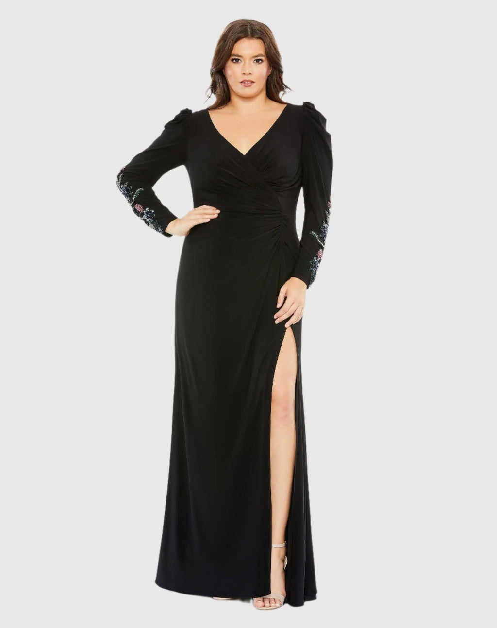 Black Embellished Long Sleeve Faux Wrap Gown (Plus)