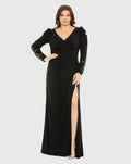 Black Embellished Long Sleeve Faux Wrap Gown (Plus)