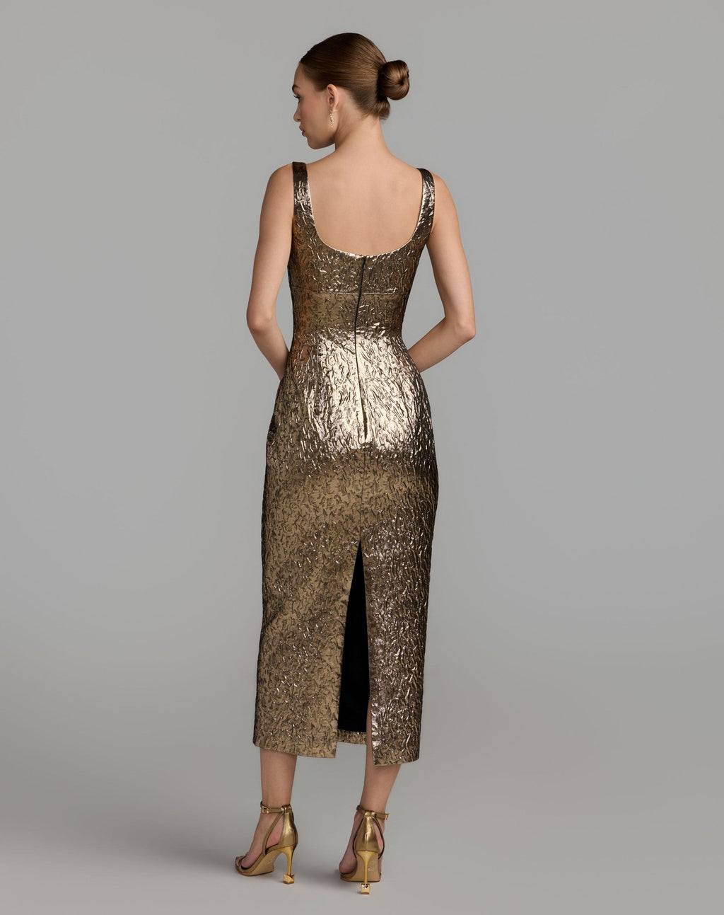 Gold Metallic Scoop Neck Brocade Midi Dress