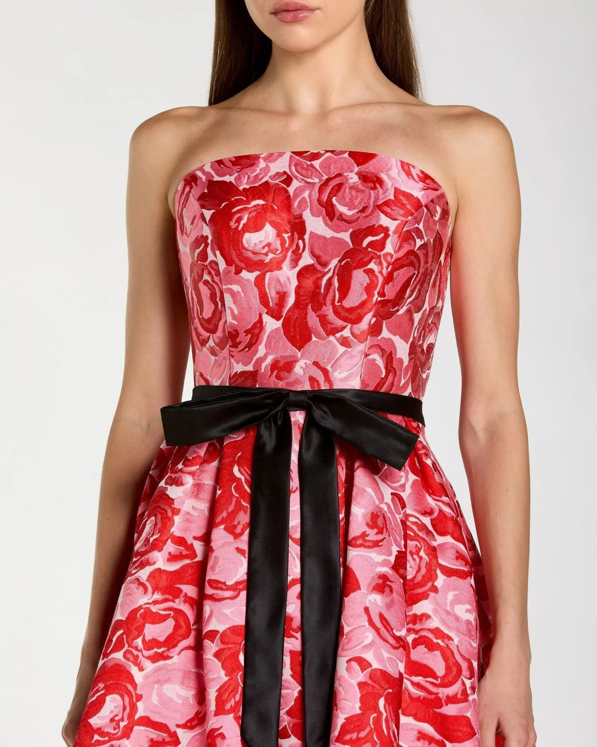 Red Floral Strapless Brocade Midi Dress With Bow