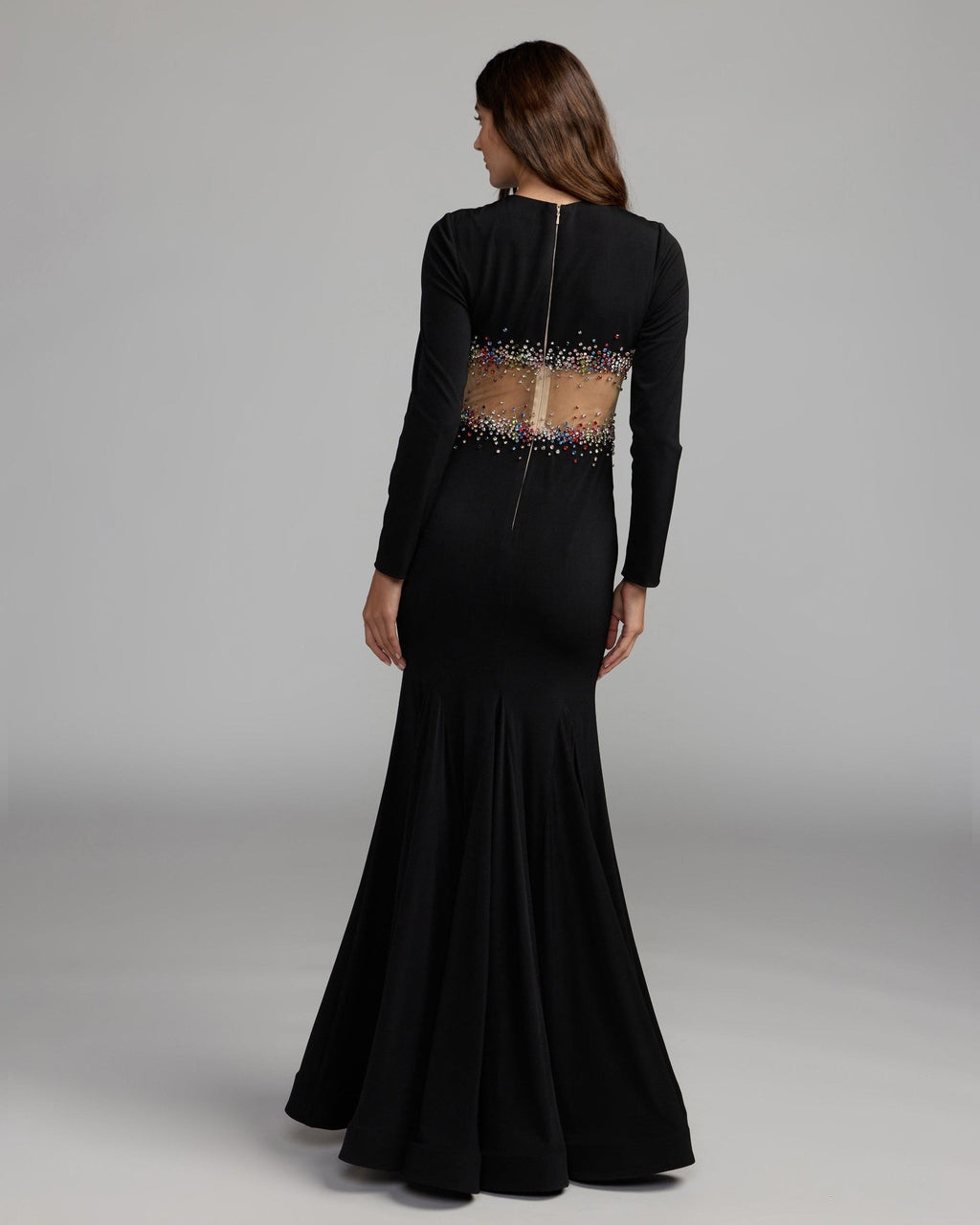 Black Multicolor Crystal Embellished Illusion Jersey Gown