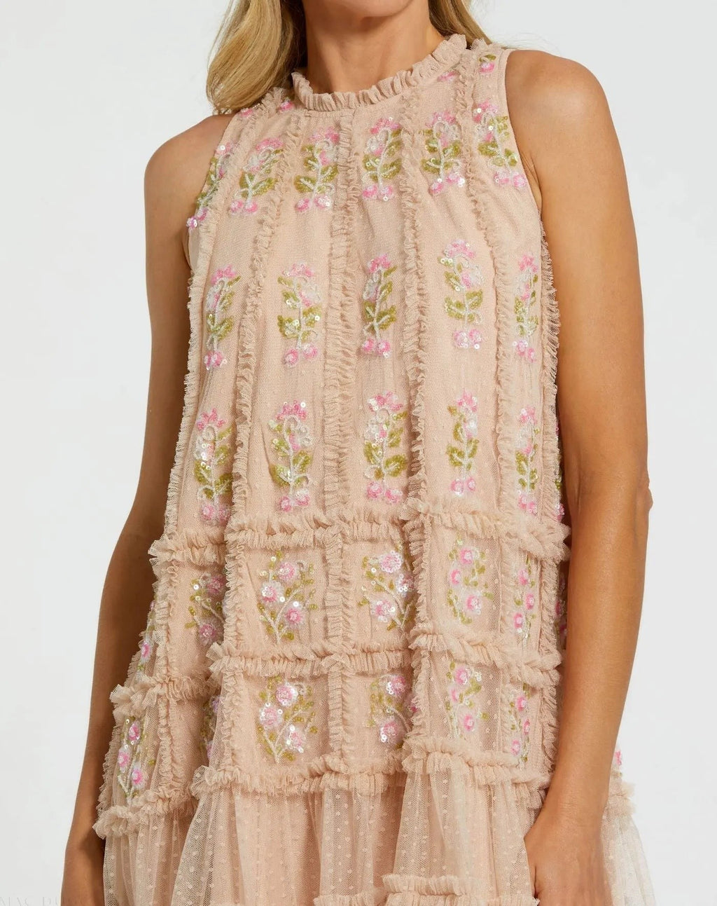 Beige Sleeveless High Neck Beaded Ruffle Mini Dress