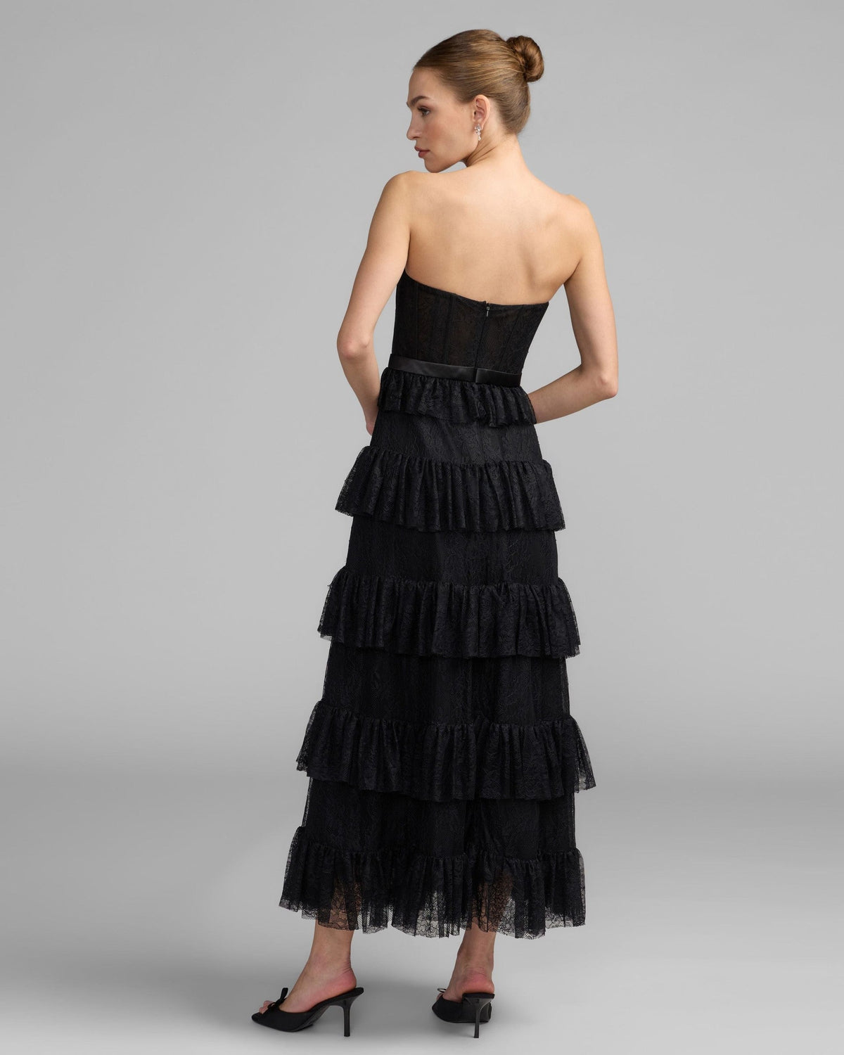 Black Strapless Tiered Lace Midi Dress