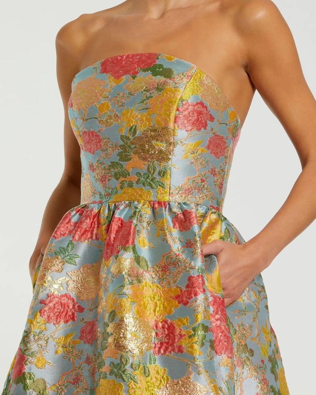 Multicolor Strapless Floral Brocade Dress with Ruffles