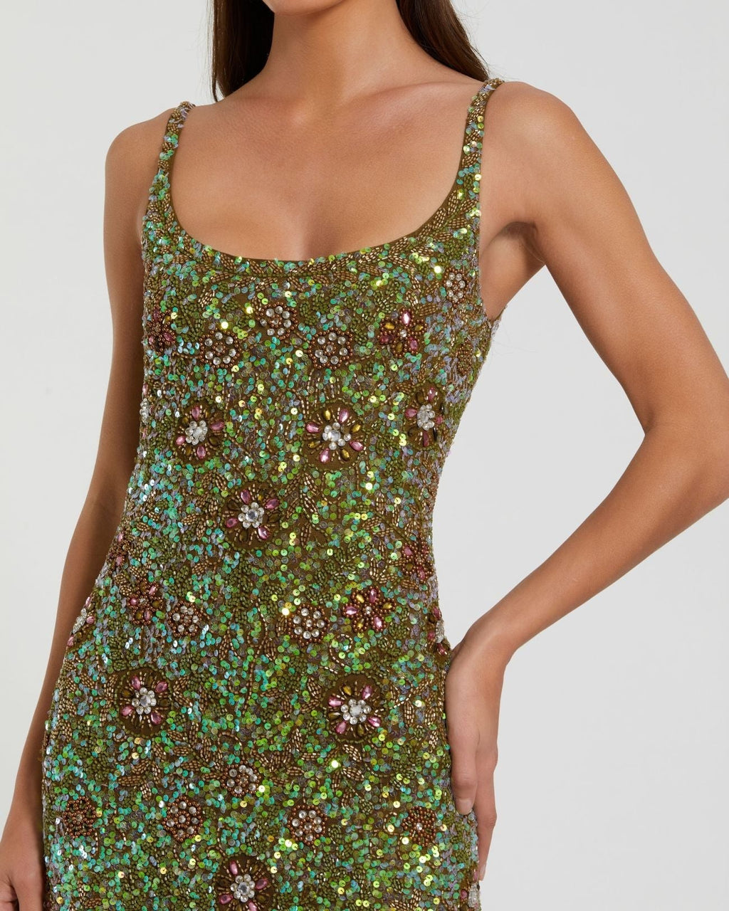 Olive Sleeveless Hand Embellished Floral Maxi Dress