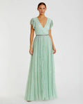 Sequined Wrap Over Ruffled Cap Sleeve Gown