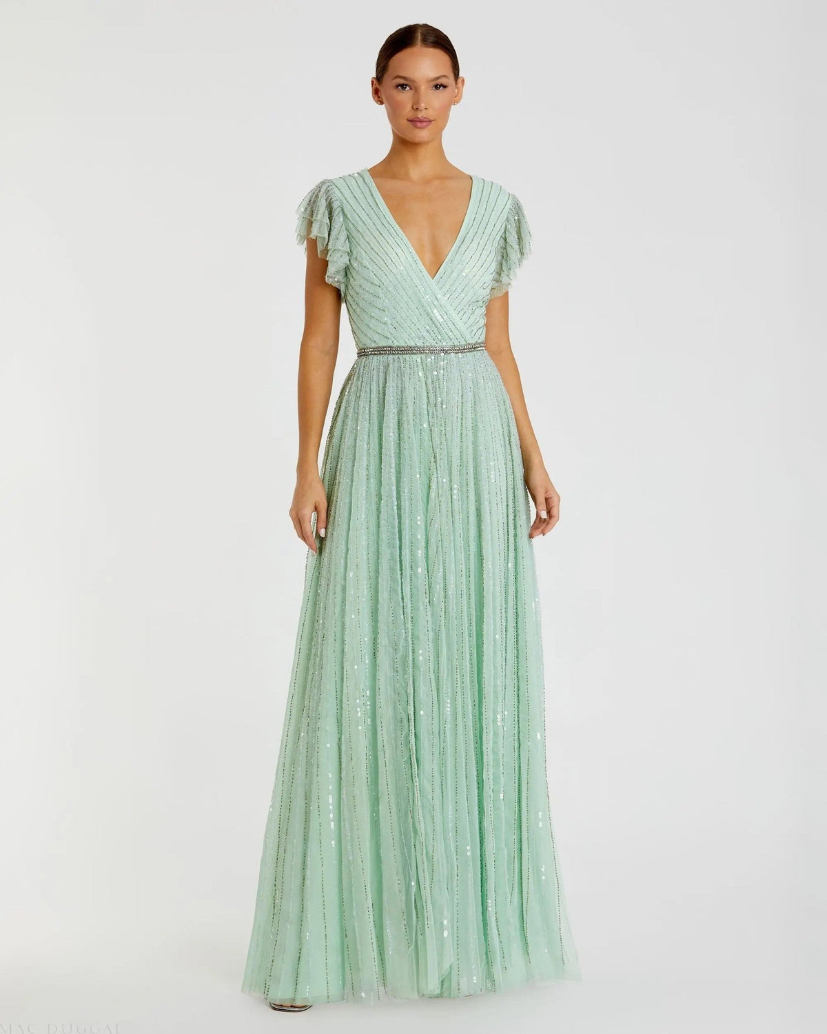 Sequined Wrap Over Ruffled Cap Sleeve Gown
