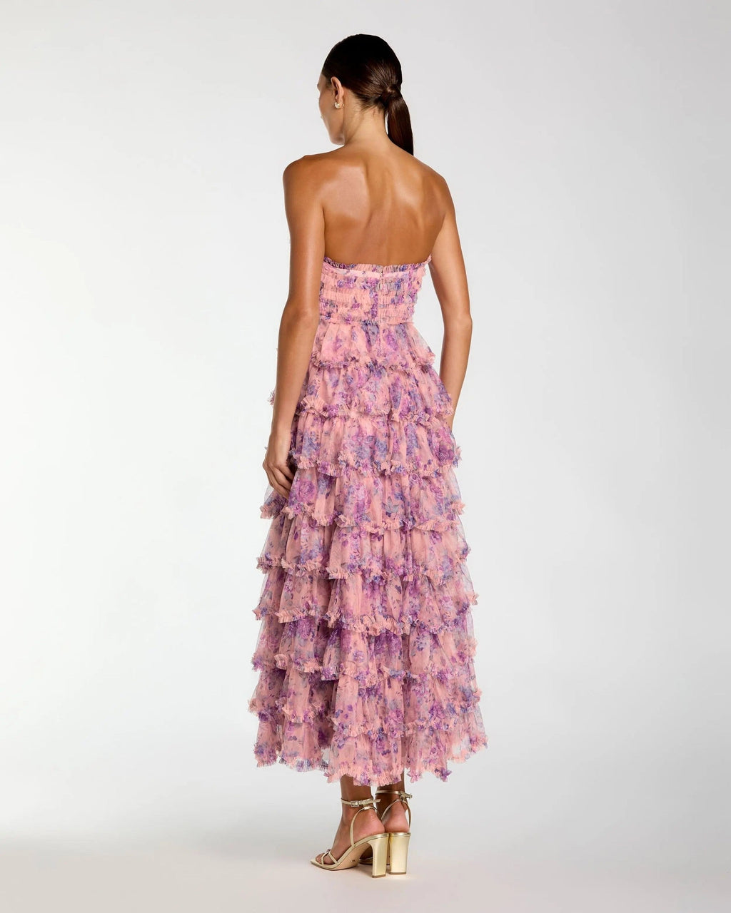 Orchid Multi Floral Ruffle Strapless Midi Dress