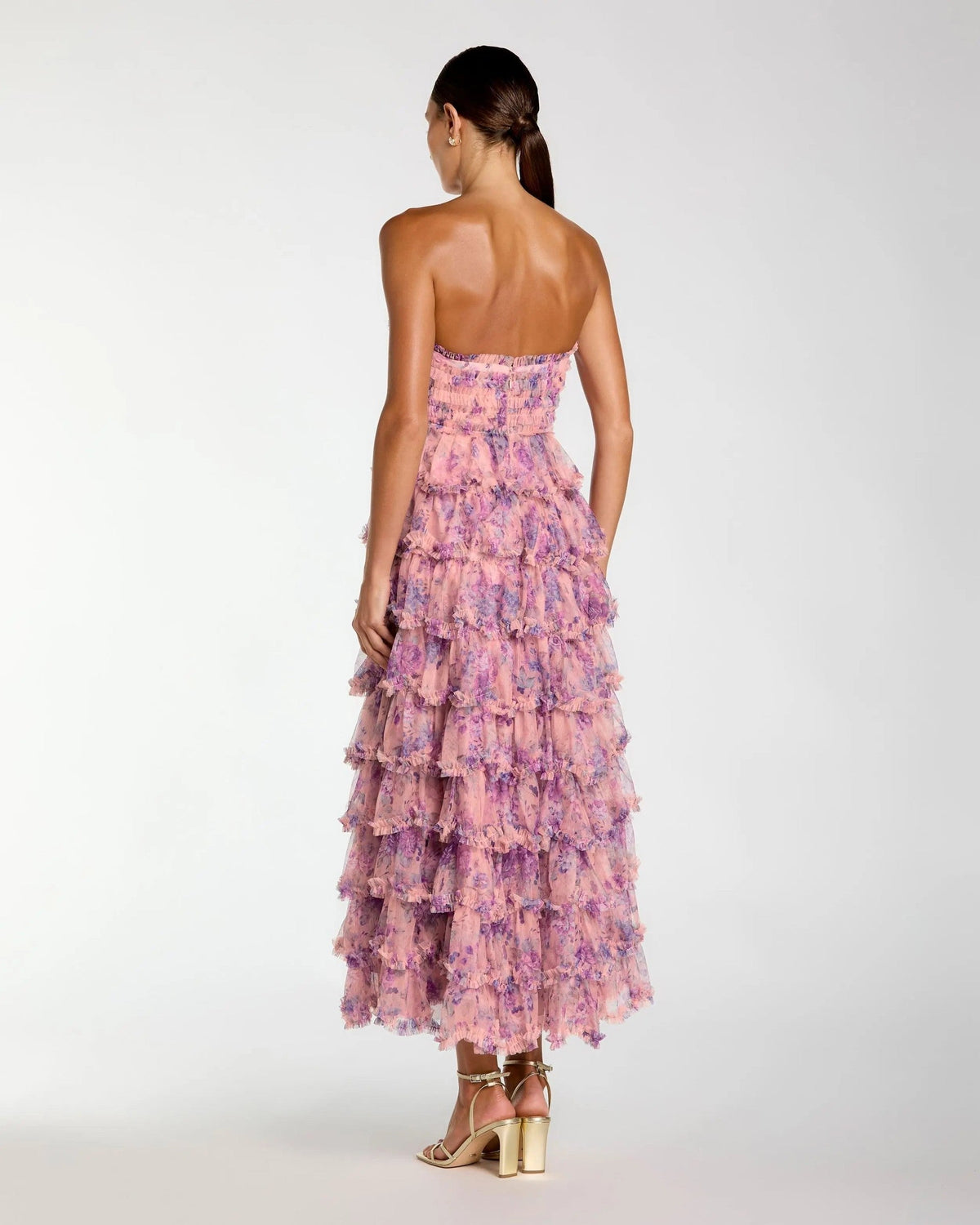 Orchid Multi Floral Ruffle Strapless Midi Dress