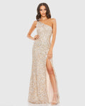 Beige Sequin One Shoulder Gown With Slit