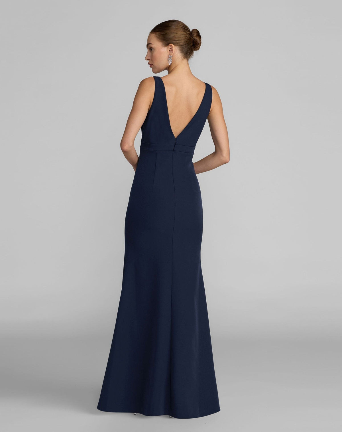 Midnight Crepe V-Neck Mermaid Gown With Bow