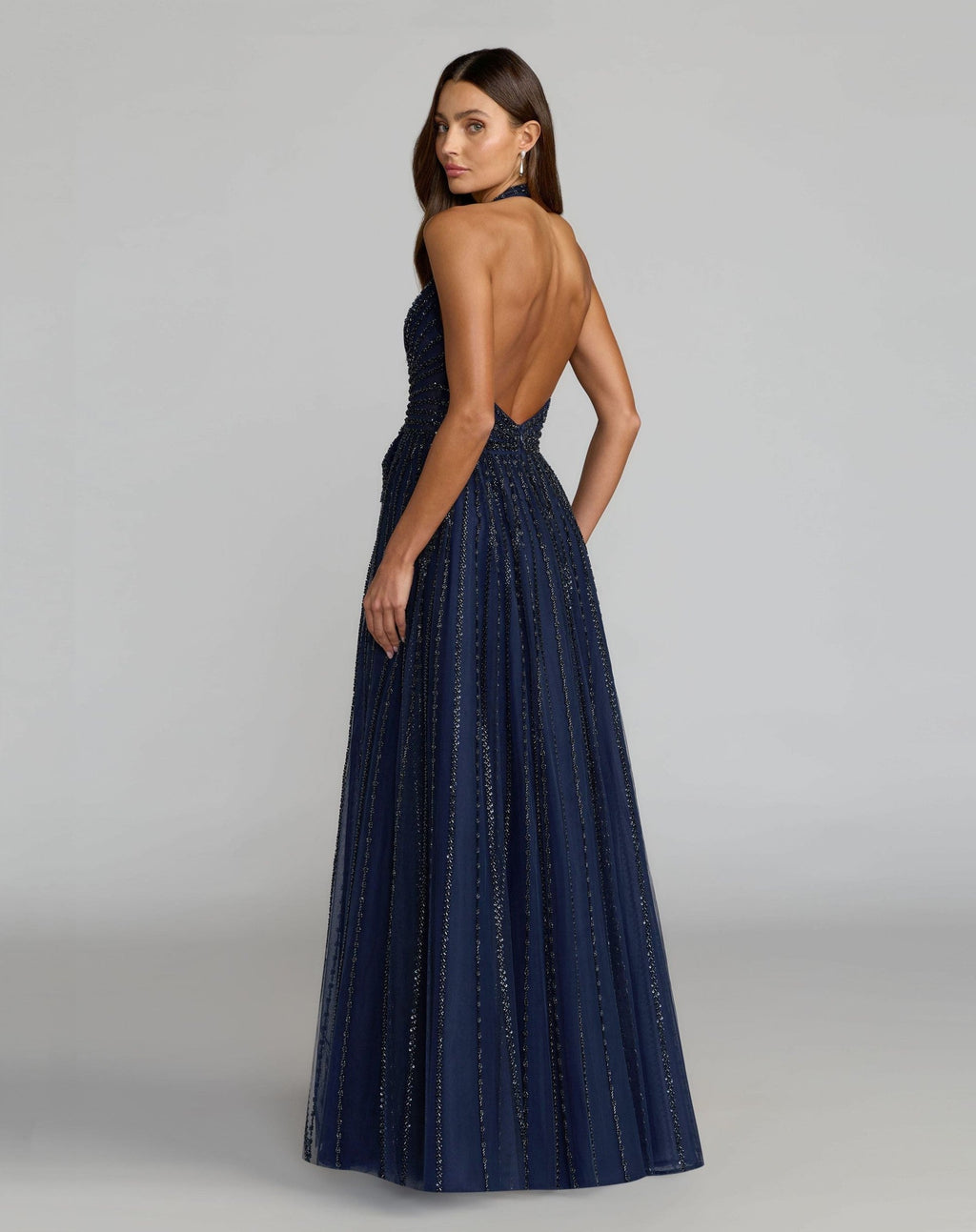 Navy Beaded Halter Neck Open Back A-Line Gown