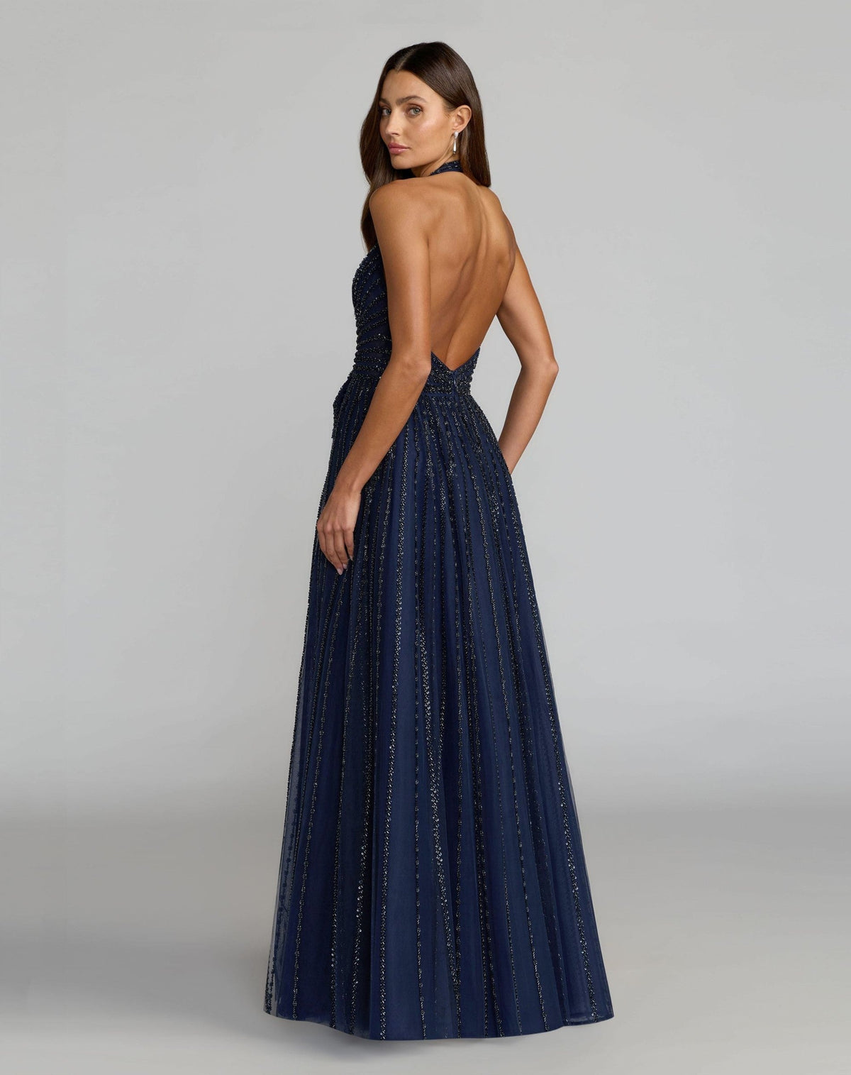 Navy Beaded Halter Neck Open Back A-Line Gown
