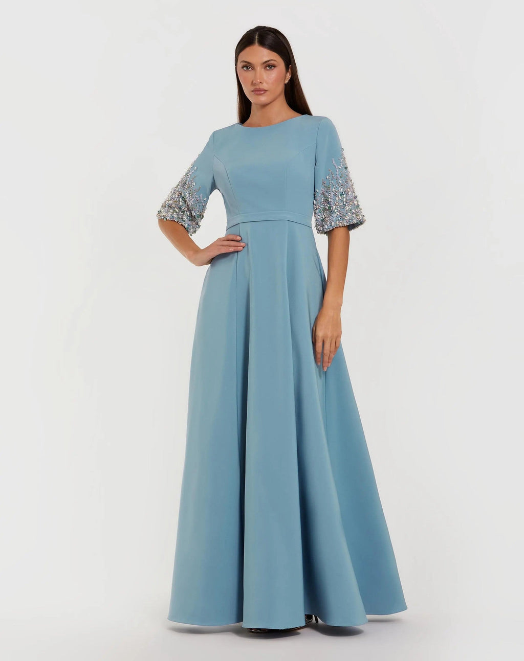 French Blue A-Line Gown With Embellished 3/4 Sleeves