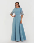 French Blue A-Line Gown With Embellished 3/4 Sleeves
