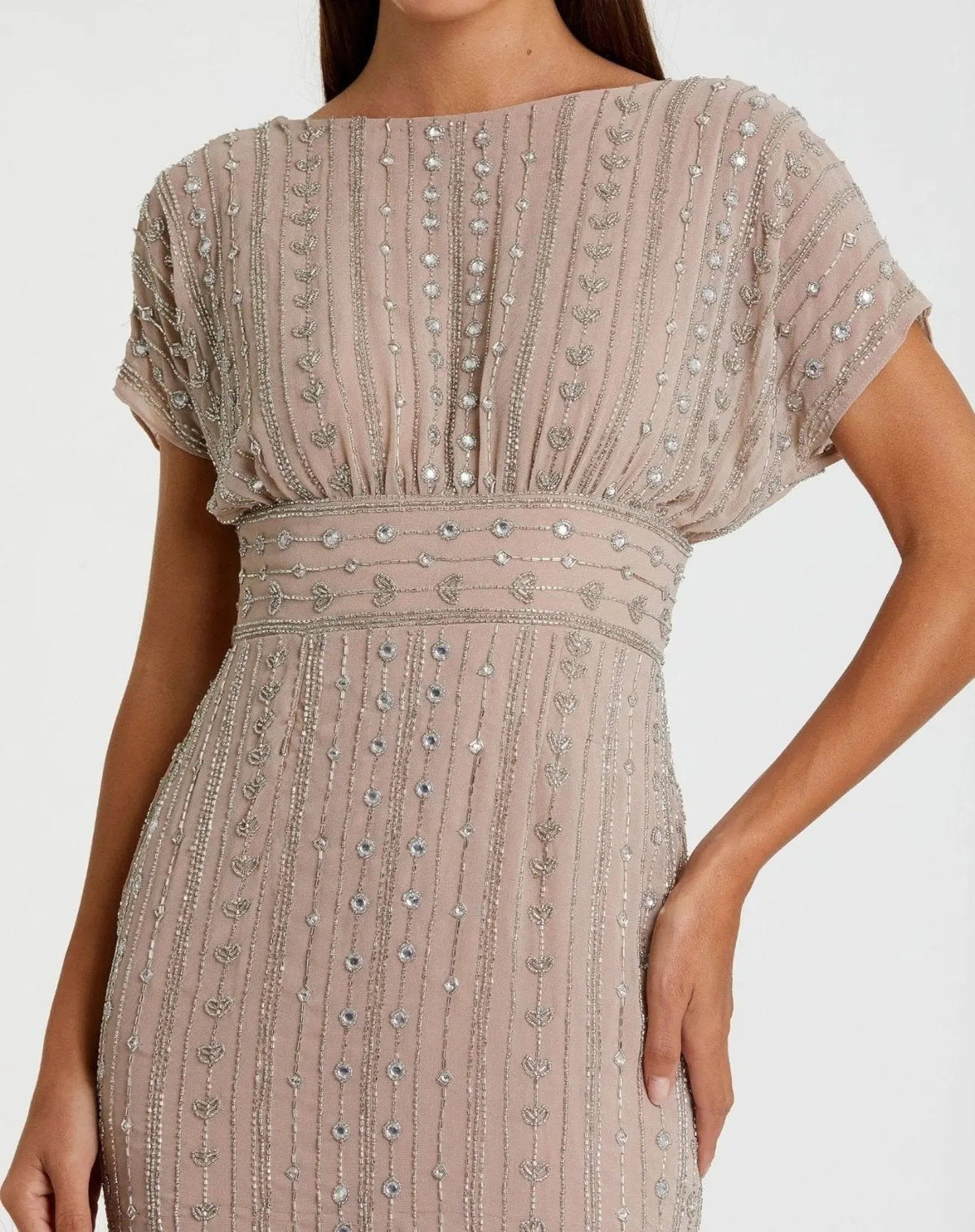 Beige Beaded Cap Sleeve Empire Waist Sheath Midi Dress
