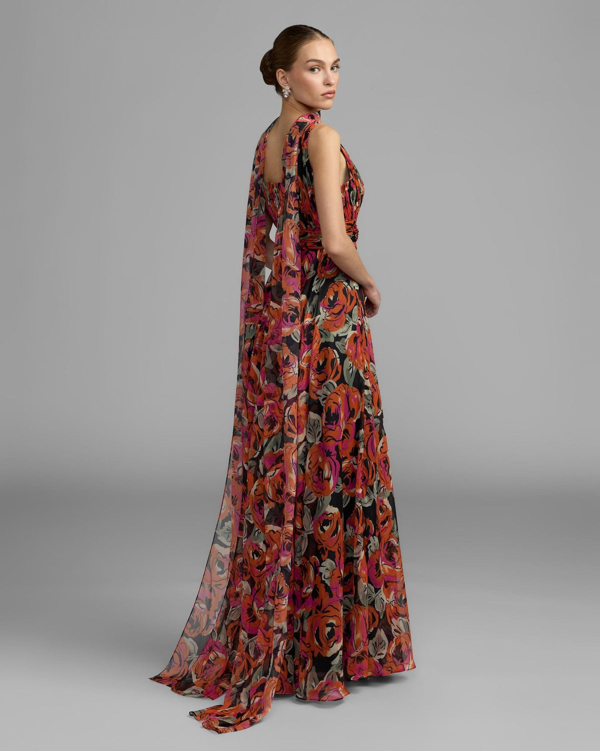 Rose Floral Chiffon Gown With Scarf