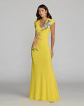 Yellow Multi Floral Appliqué V-Neck Jersey Gown